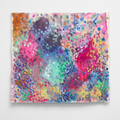Colorful abstract artwork with pink, turquoise, violet, and blue layers displayed on a white wall.