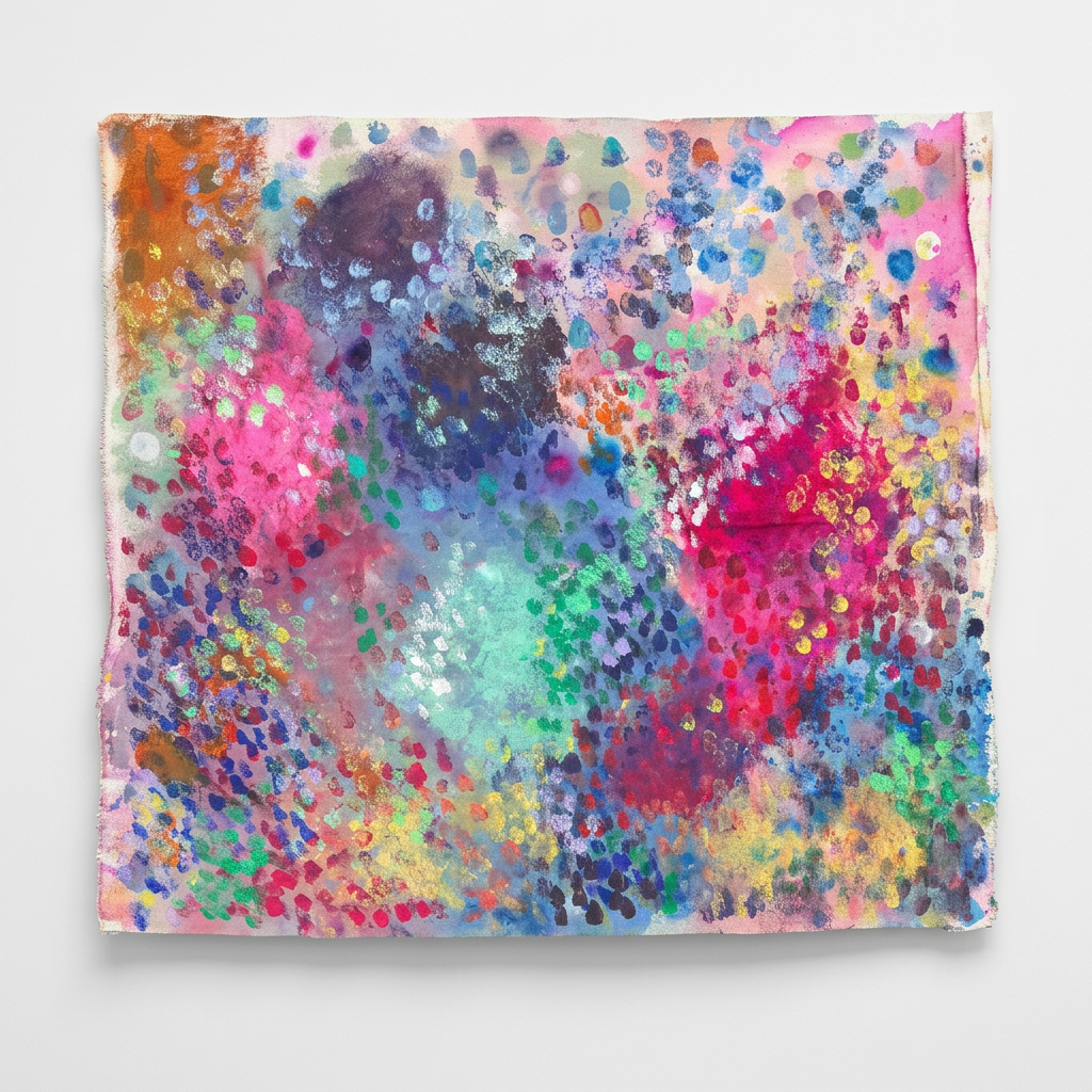 Colorful abstract artwork with pink, turquoise, violet, and blue layers displayed on a white wall.