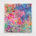 Vibrant pink, blue, mint, and orange abstract artwork with layered dotted marks.