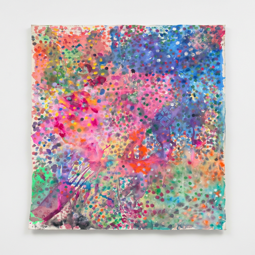 Vibrant pink, blue, mint, and orange abstract artwork with layered dotted marks.