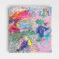 Pink abstract artwork with rounded cobalt, turquoise, coral, and yellow marks.