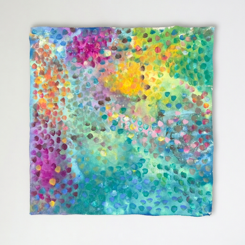 Confetti Garden abstract artwork on raw unstretched canvas against a softly lit off-white wall