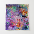 Violet and dusky pink abstract artwork with emerald, orange, and golden-toned accents.
