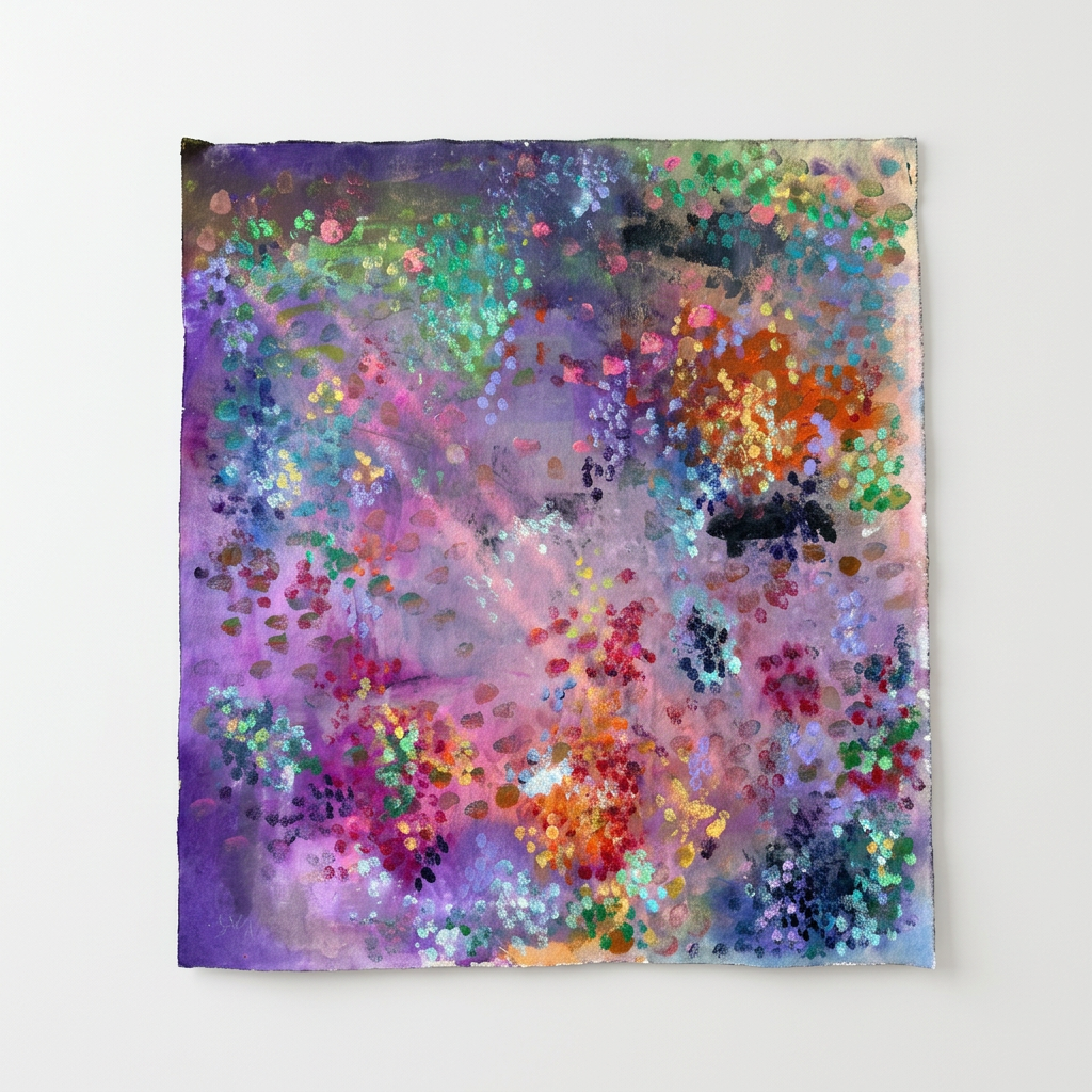 Violet and dusky pink abstract artwork with emerald, orange, and golden-toned accents.