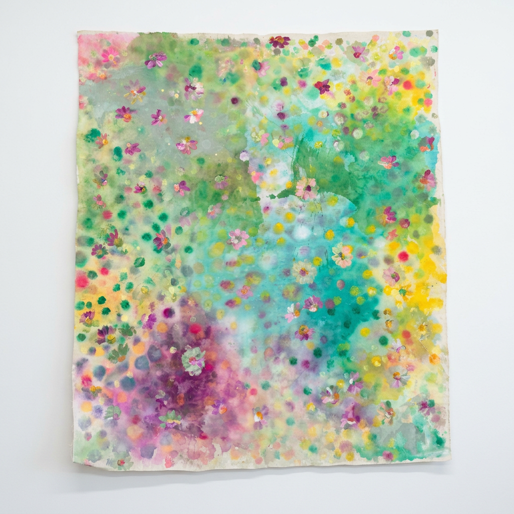 Green, turquoise, and yellow abstract artwork with small pink and violet accents.