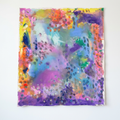 Lavender and blue abstract artwork bordered by vivid yellow, orange, and violet passages.