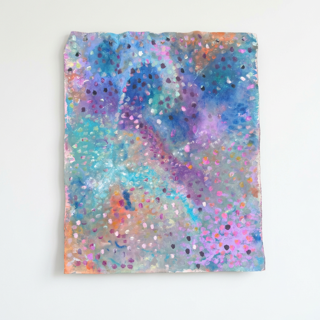 Aqua, blue and lavender abstract artwork with scattered pink and white marks, digitally staged on a white wall